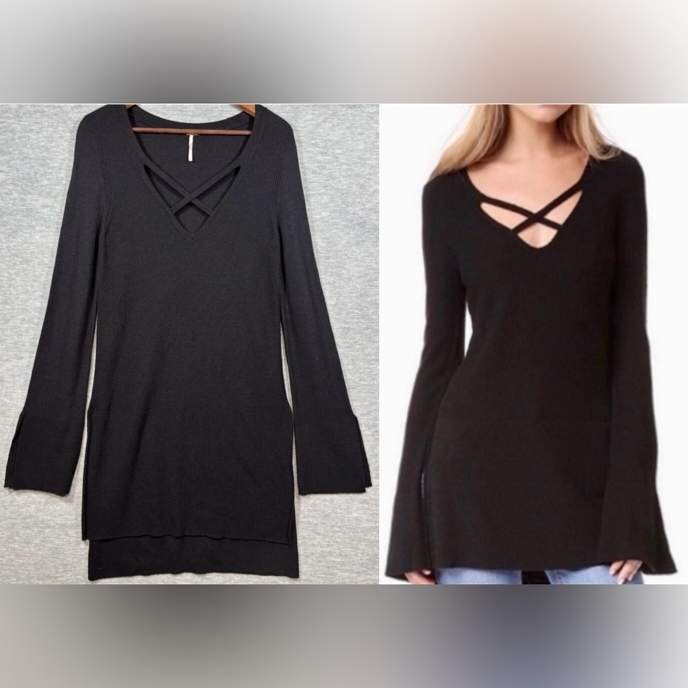 Free People Womens V-Neck Black Long Sleeve Sweater Tunic Dress M